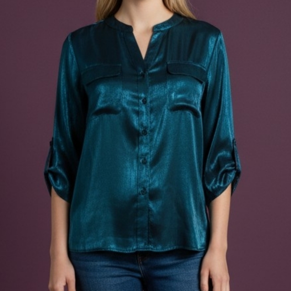 VTG NOTATIONS Liquid Metallic Satin Button Down Disco Shirt